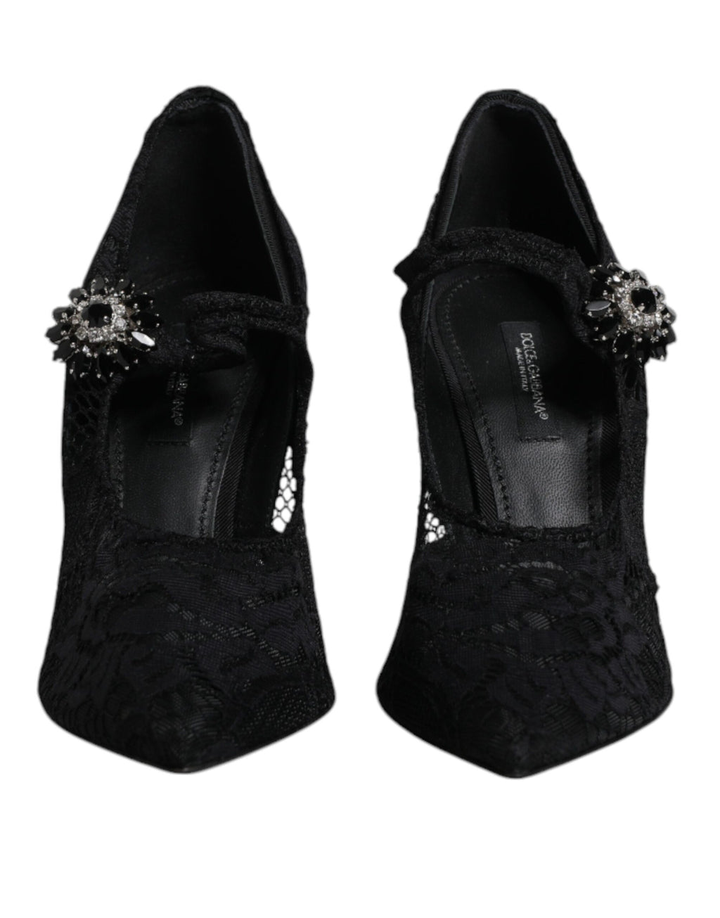 Chaussures à talons Mary Jane noires Dolce & Gabbana en dentelle avec cristaux élégants, style sophistiqué et féminin.