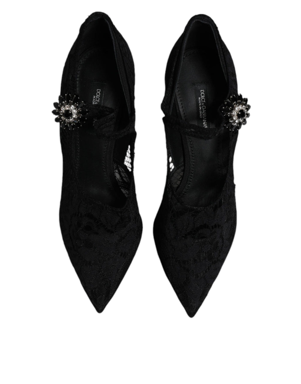 Chaussures à talons Mary Jane noires en dentelle et cristaux de Dolce & Gabbana, élégantes et féminines.