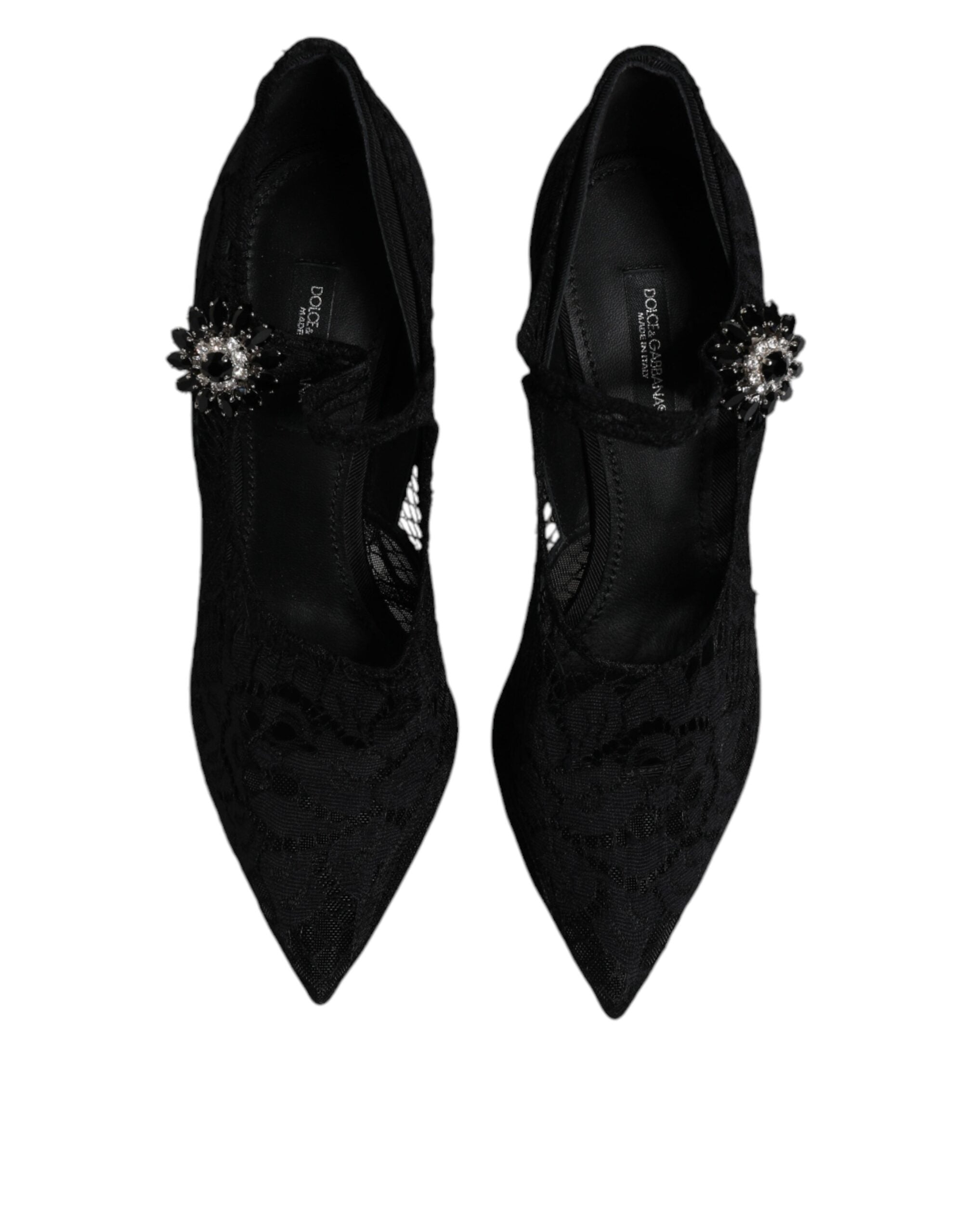 Chaussures à talons Mary Jane noires en dentelle et cristaux de Dolce & Gabbana, élégantes et féminines.
