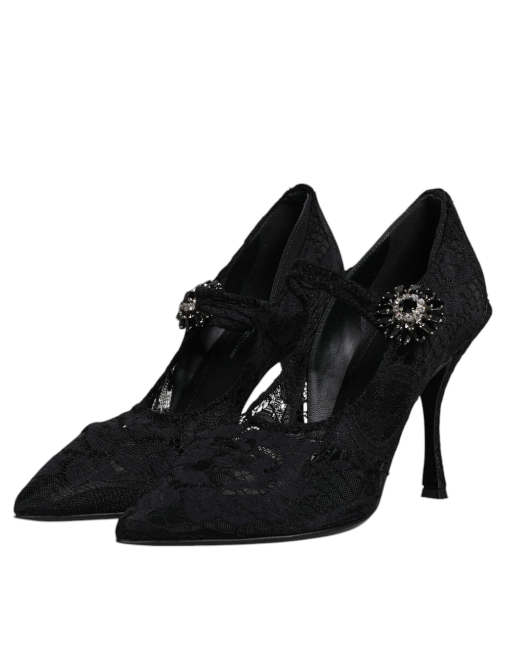 Chaussures à talons Mary Jane noires en dentelle et cristaux Dolce & Gabbana, élégantes et raffinées.