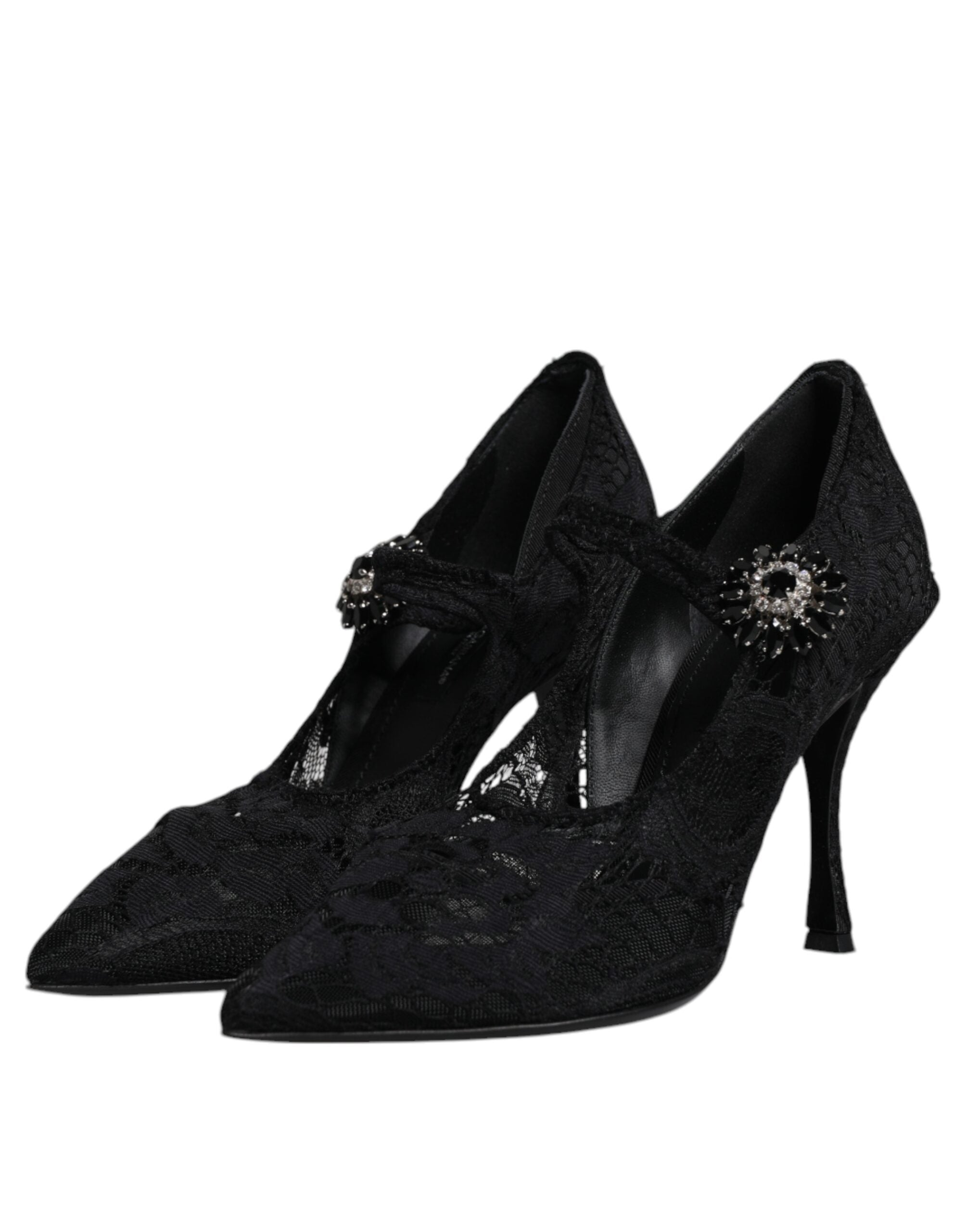 Chaussures à talons Mary Jane noires en dentelle et cristaux Dolce & Gabbana, élégantes et raffinées.