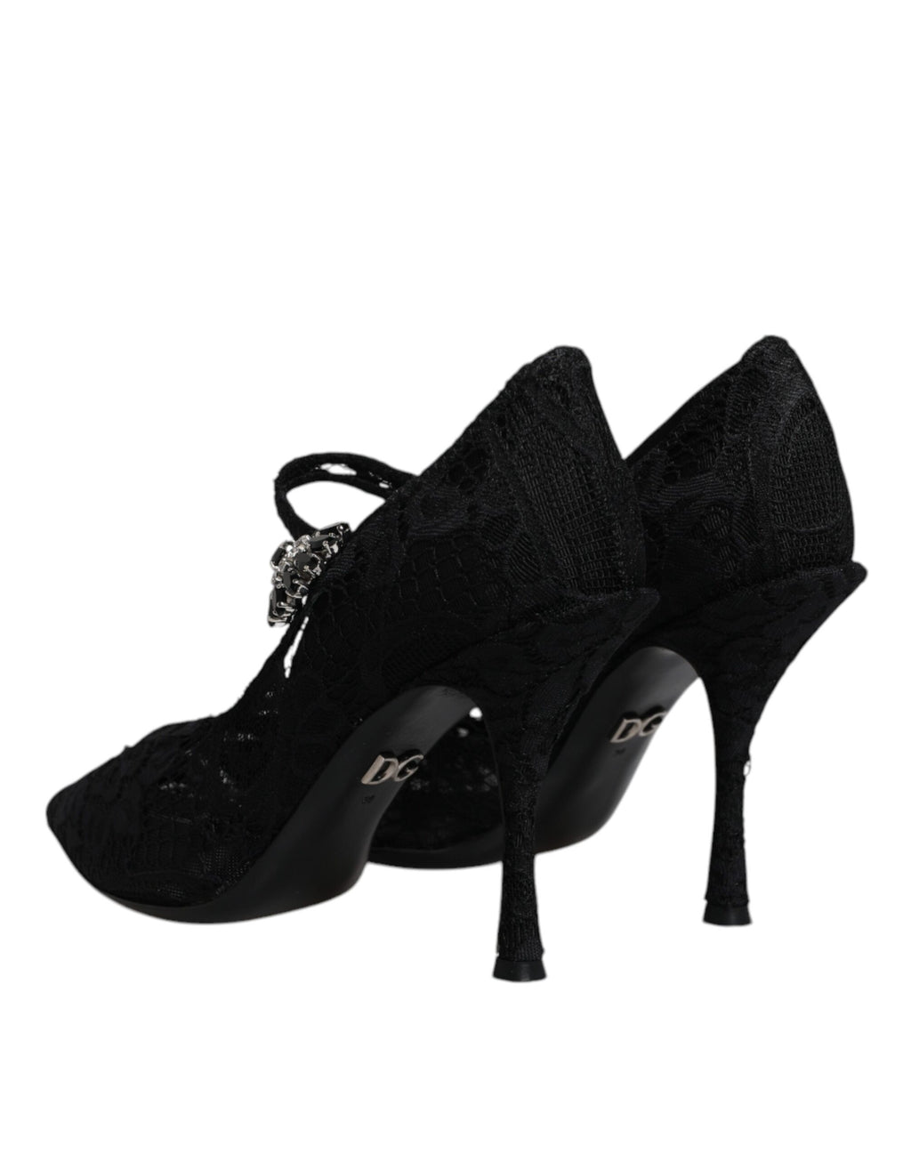 Chaussures Mary Jane en dentelle noire Dolce & Gabbana avec cristaux, élégantes et sophistiquées, vues de face.