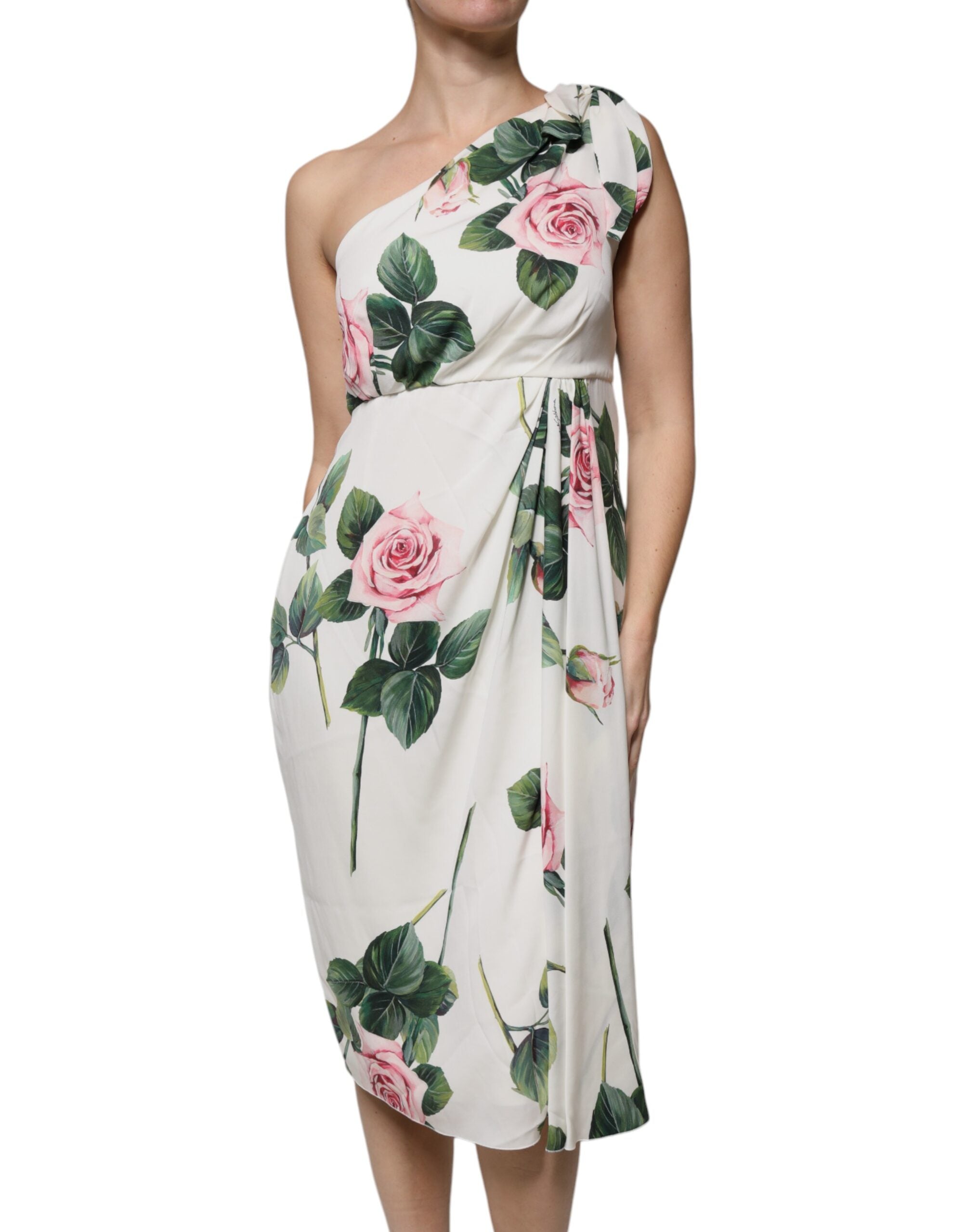Robe midi en soie blanche à fleurs Dolce & Gabbana, une robe à une épaule avec un design élégant et sophistiqué.