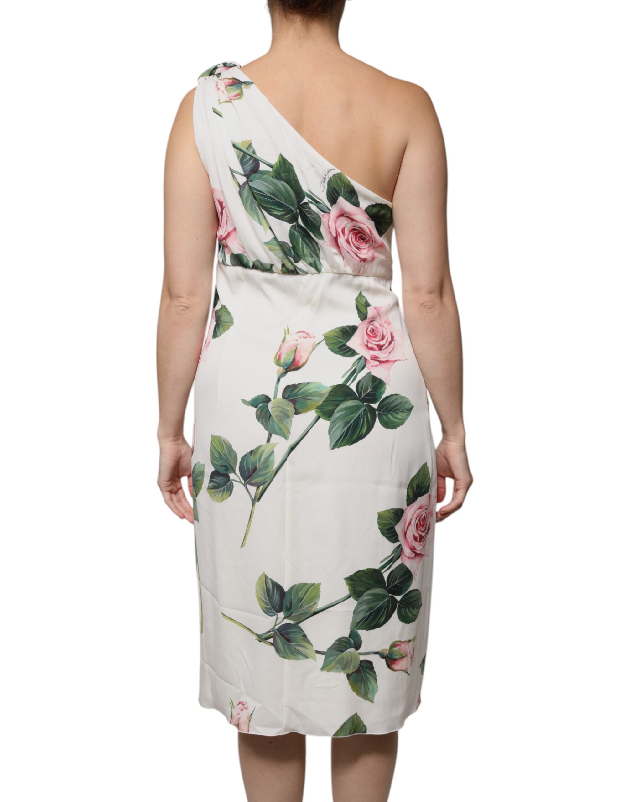 Robe midi en soie blanche à fleurs et à une épaule de Dolce & Gabbana, vêtement élégant avec motif floral sophistiqué.