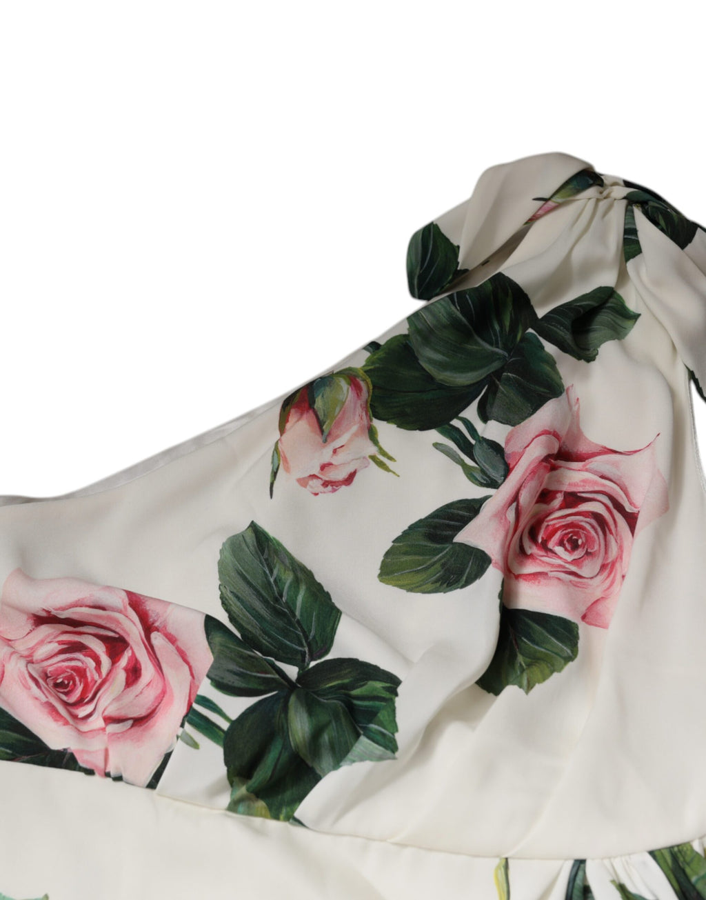 Robe midi en soie blanche à épaules dénudées avec motif floral, conçue par Dolce & Gabbana.