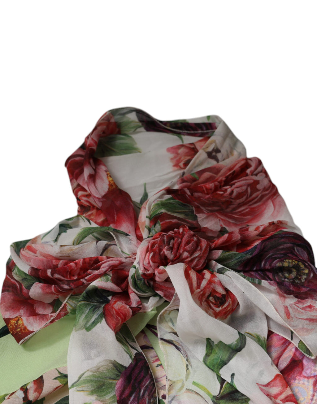 Haut Dolce & Gabbana à col ascot avec patchwork floral multicolore, motif élégant et détails sophistiqués.