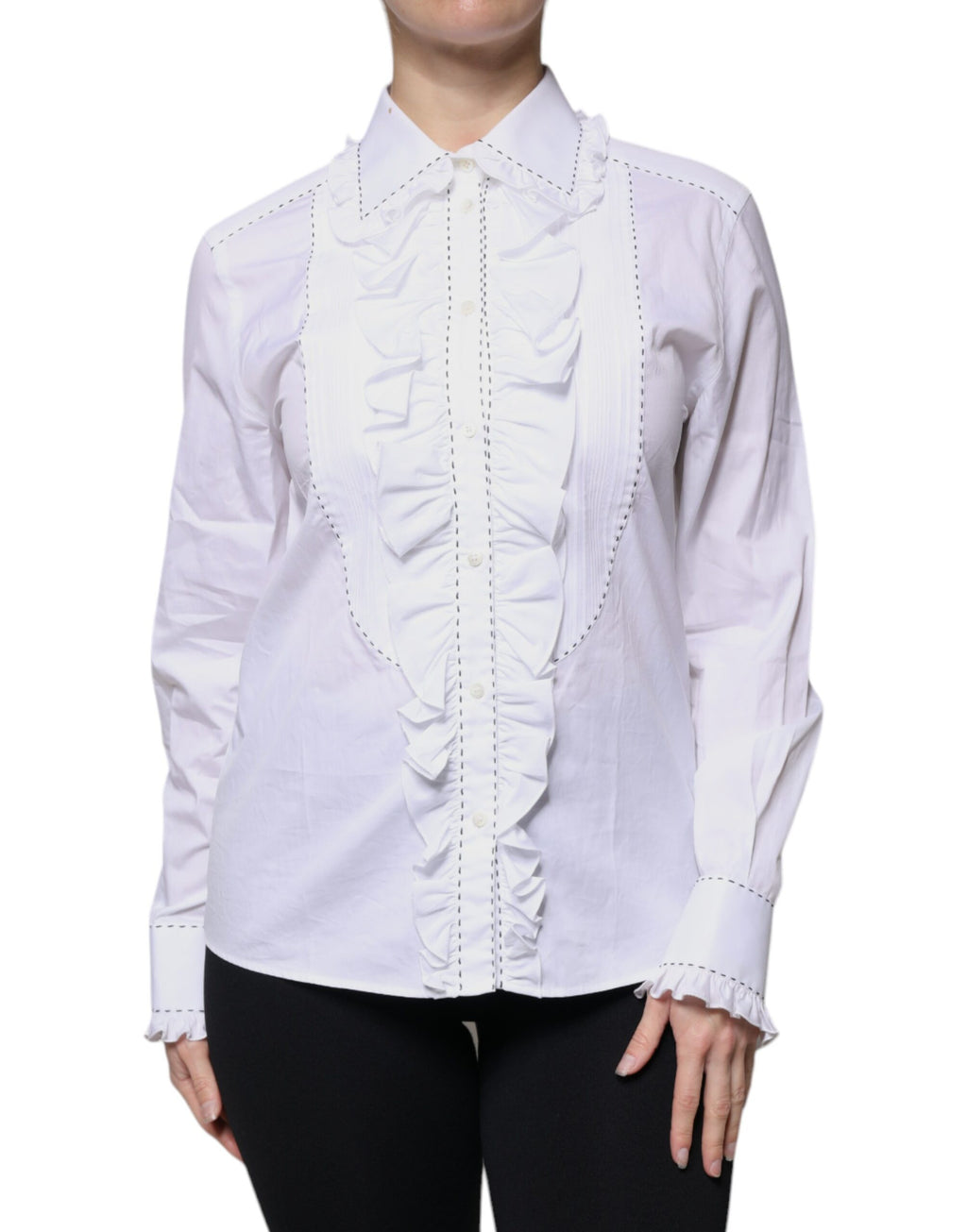 Chemise blanche en coton Dolce & Gabbana à manches longues avec col à volants, élégante et tendance.