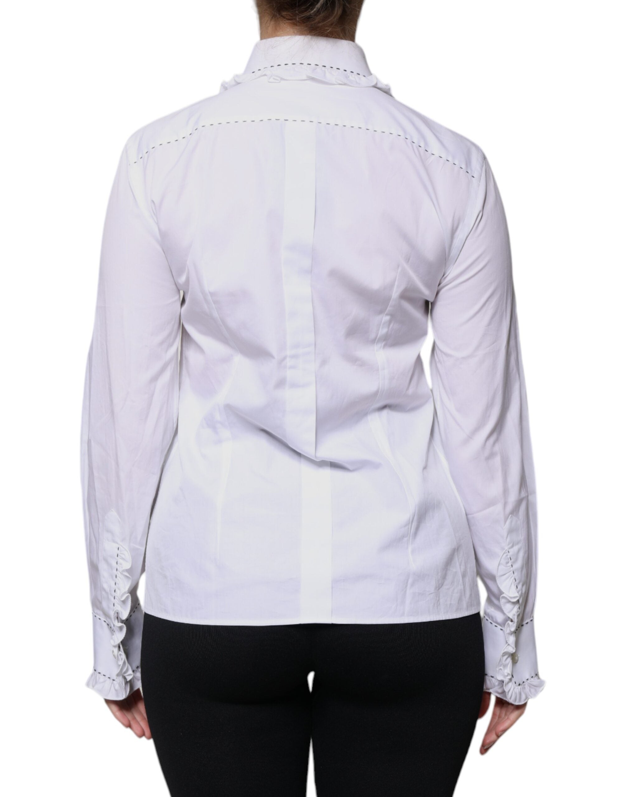 Chemisier blanc en coton à manches longues avec col volanté de Dolce & Gabbana, élégant et féminin.