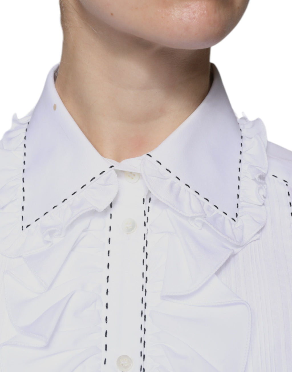Chemisier blanc en coton à manches longues Dolce & Gabbana avec col à volants, vue de face.