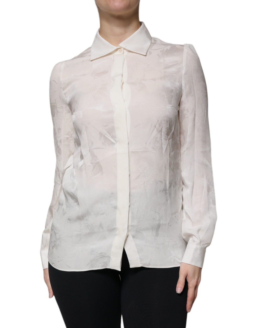 Chemise blanche en soie Dolce & Gabbana à col et manches longues, élégante et sophistiquée, vue sur le haut.