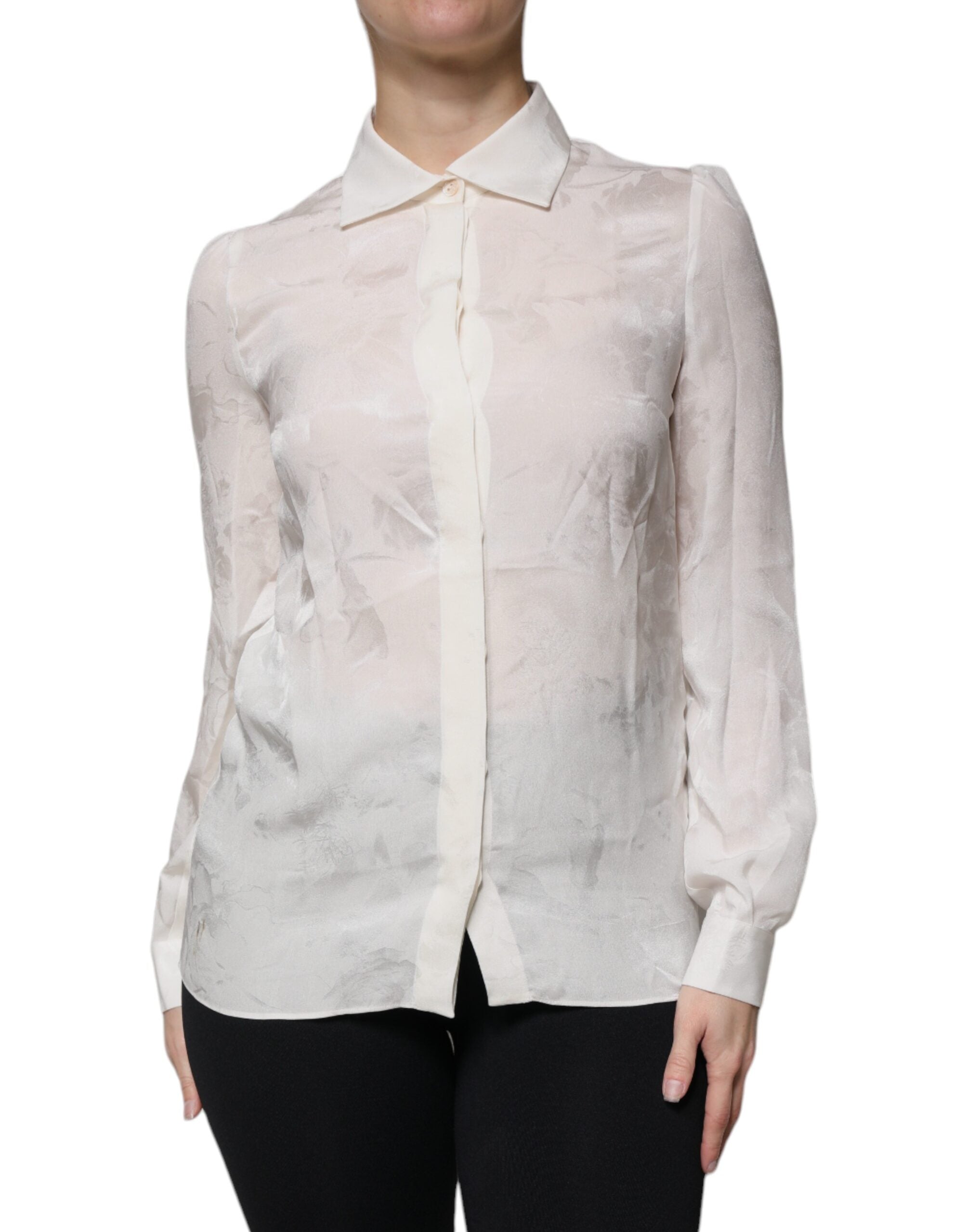 Chemise blanche en soie Dolce & Gabbana à col et manches longues, élégante et sophistiquée, vue sur le haut.