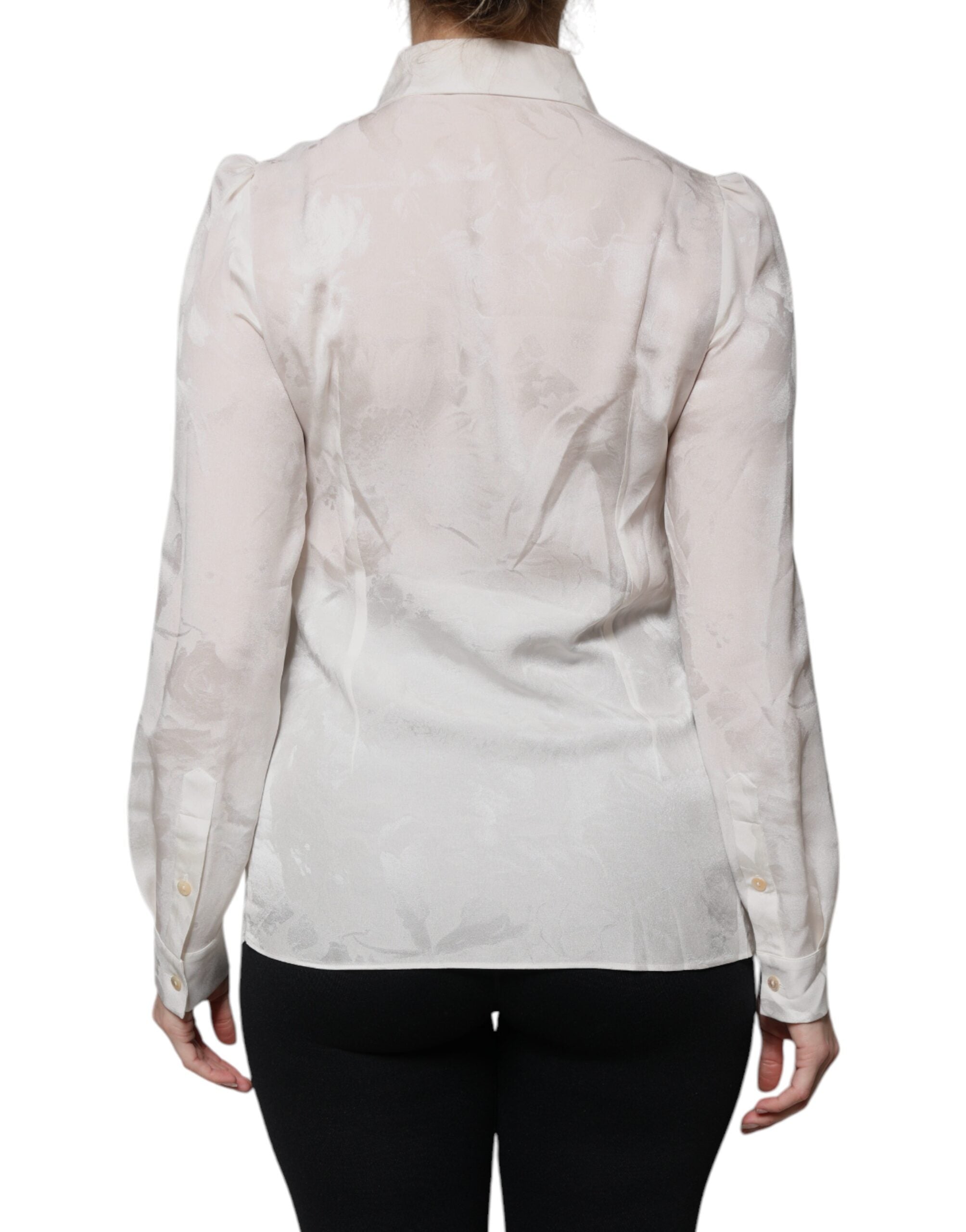 Chemise en soie blanche Dolce & Gabbana à col, manches longues, style élégant et sophistiqué.
