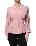 Blouse rose en coton à manches longues et col Dolce & Gabbana, vue de face, détails de la collar et des boutons.