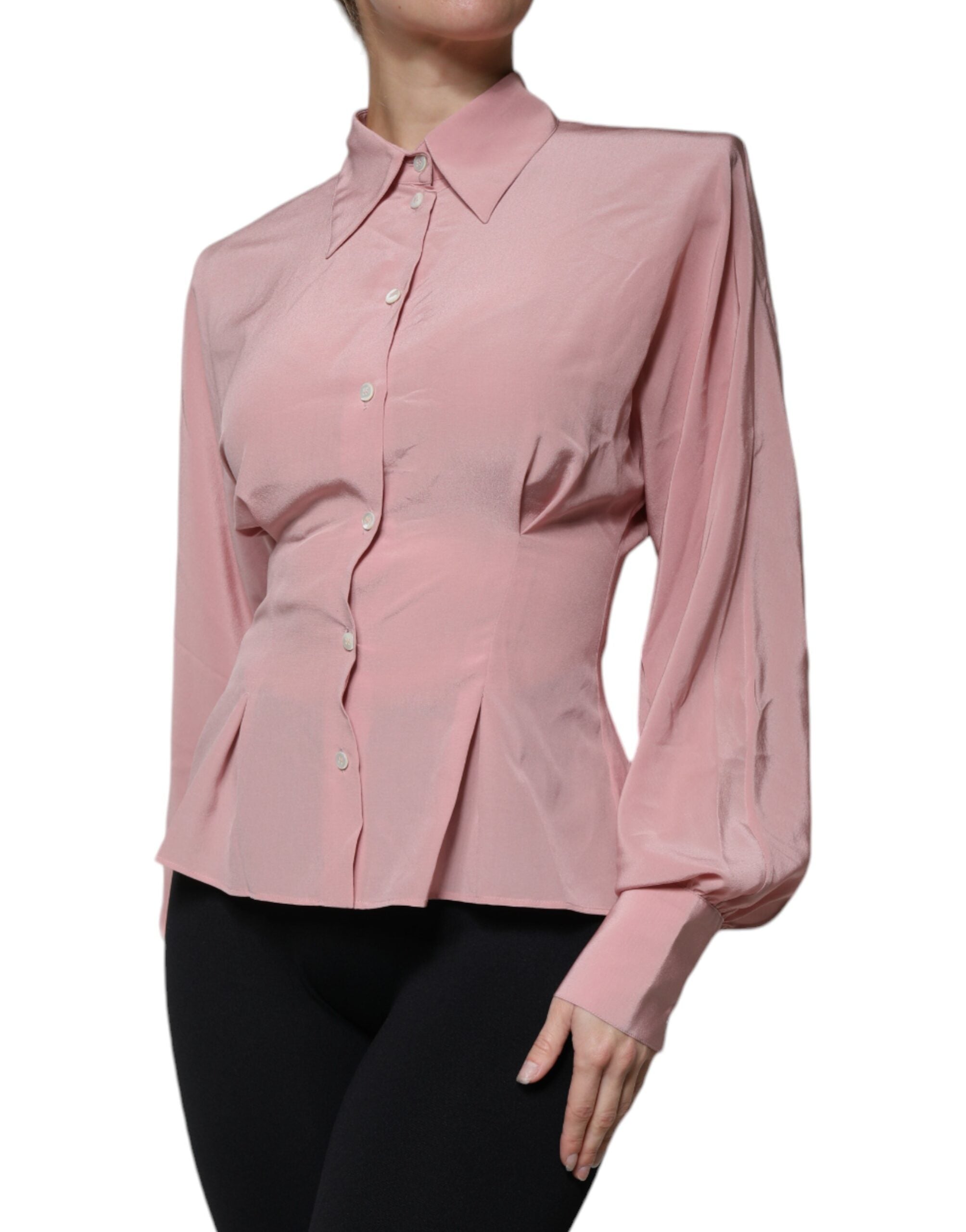 Blouse longue à manches longues en coton rose de Dolce & Gabbana avec col et détails élégants.