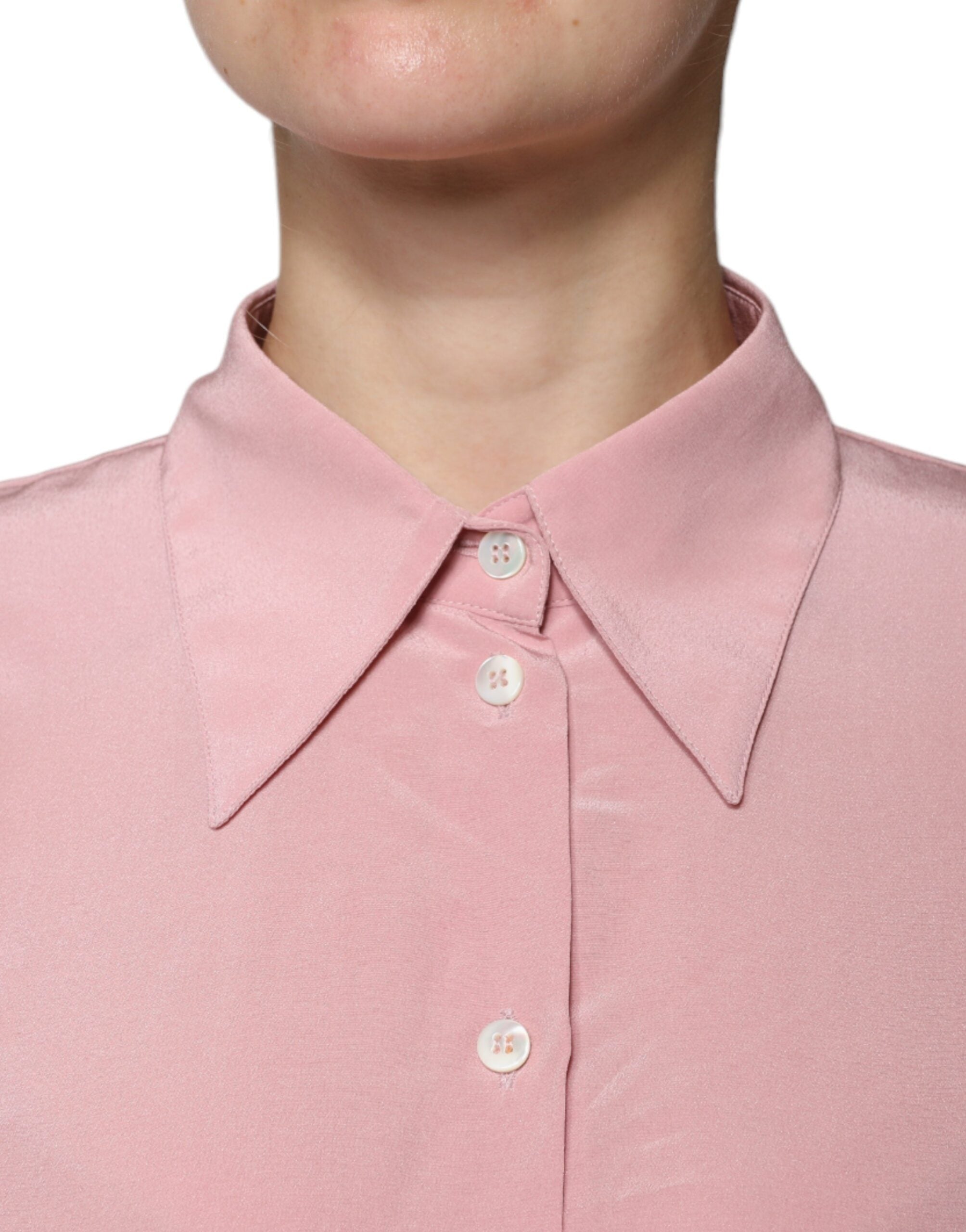 Blouse à manches longues en coton rose Dolce & Gabbana avec col, élégante et sophistiquée, vue de face.