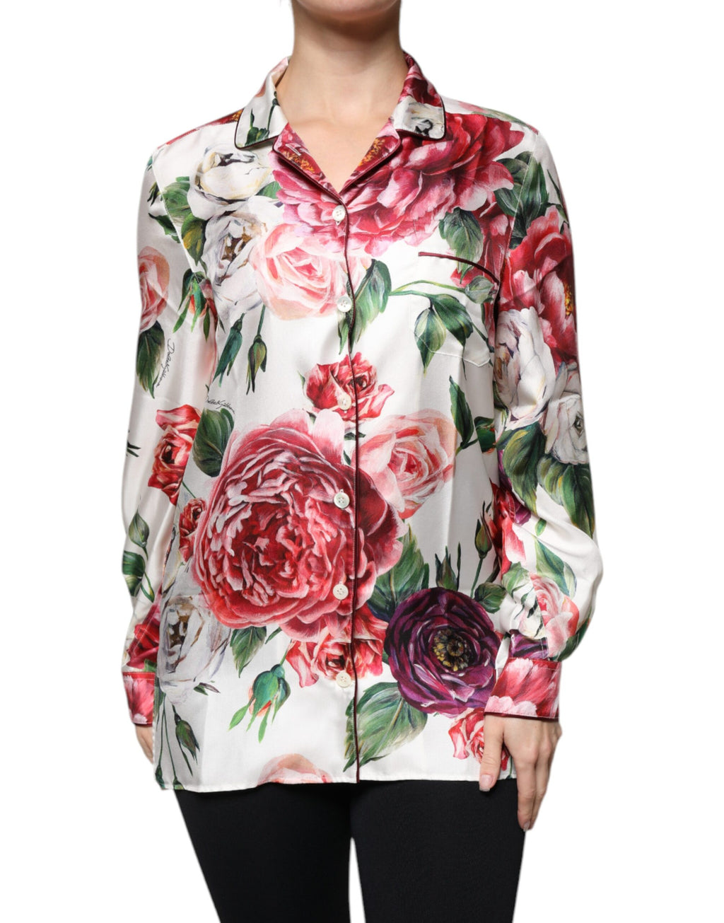 Chemise Dolce & Gabbana en soie blanche à manches longues avec col, motif de pivoine, style élégant et sophistiqué.