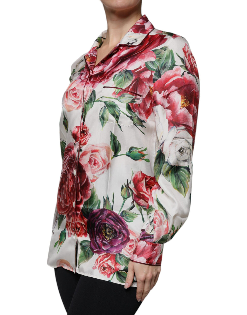 Blouse Dolce & Gabbana en soie blanche à manches longues avec col et motif de pivoine, élégante et sophistiquée.