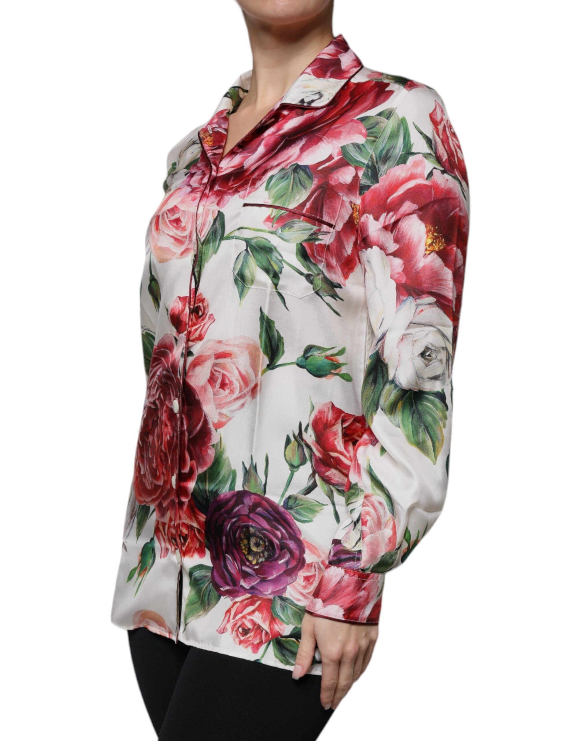 Blouse Dolce & Gabbana en soie blanche à manches longues avec col et motif de pivoine, élégante et sophistiquée.
