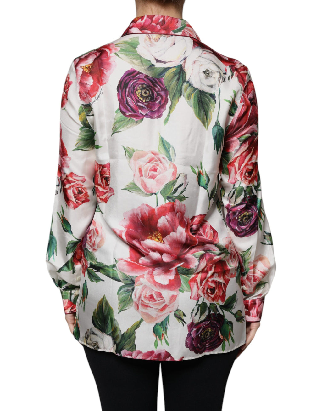 Chemise Dolce & Gabbana en soie blanche à manches longues et col, avec motif de pivoine élégante.