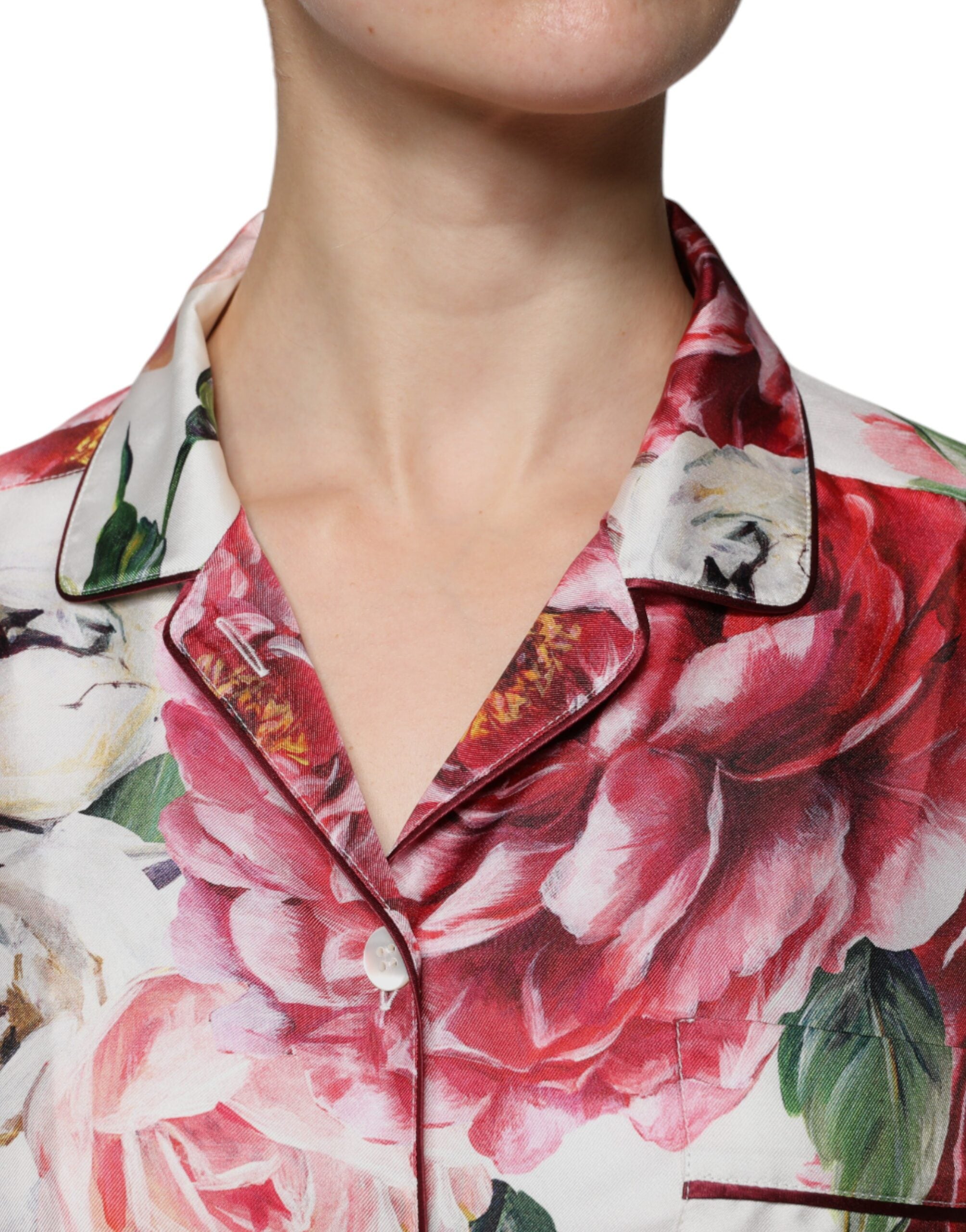 Chemise en soie blanche Dolce & Gabbana à col, manches longues et motif pivoine pour un look élégant et sophistiqué