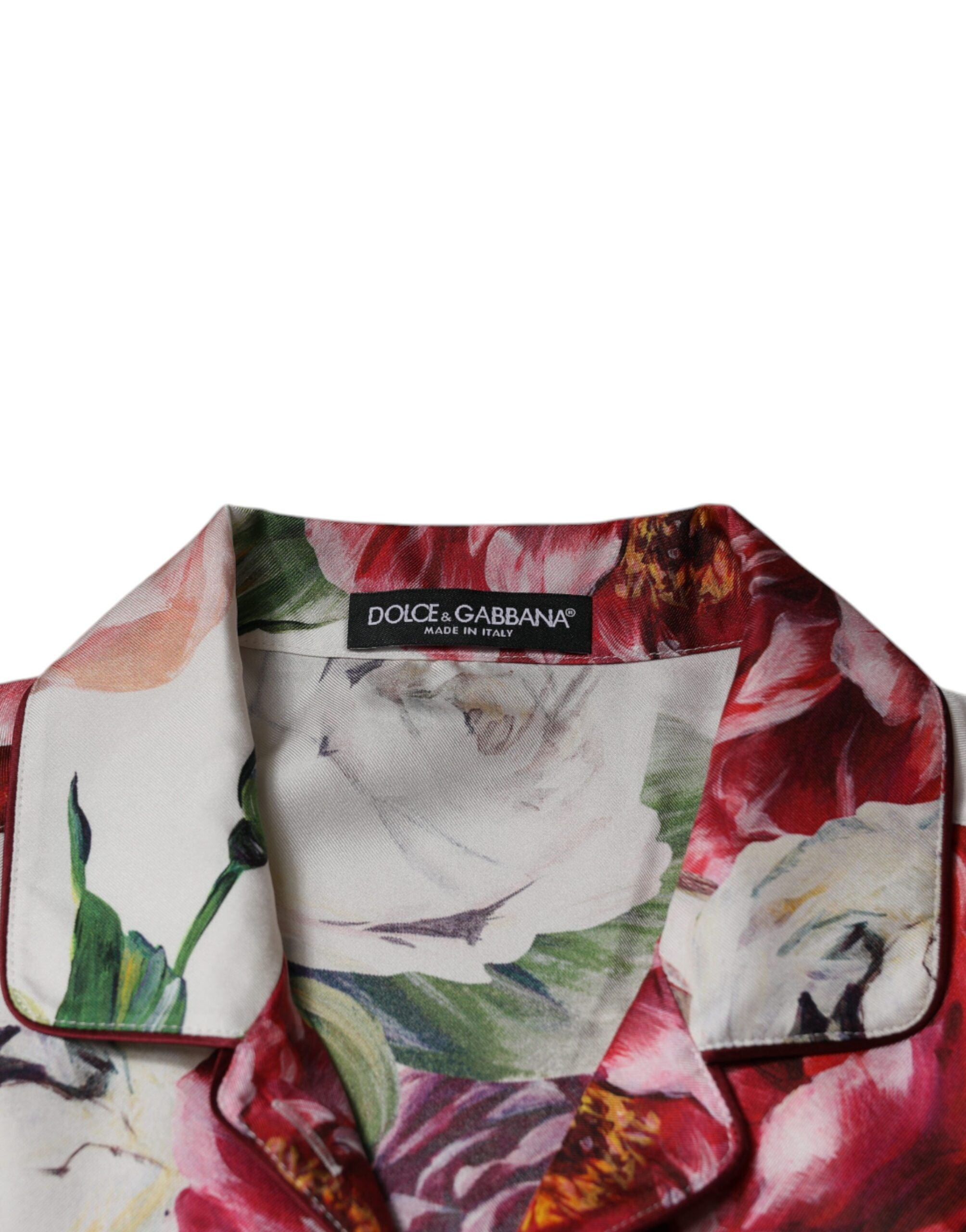 Chemise en soie blanche Dolce & Gabbana à manches longues et col chemise, élégante et fluide, ornée de peonies.
