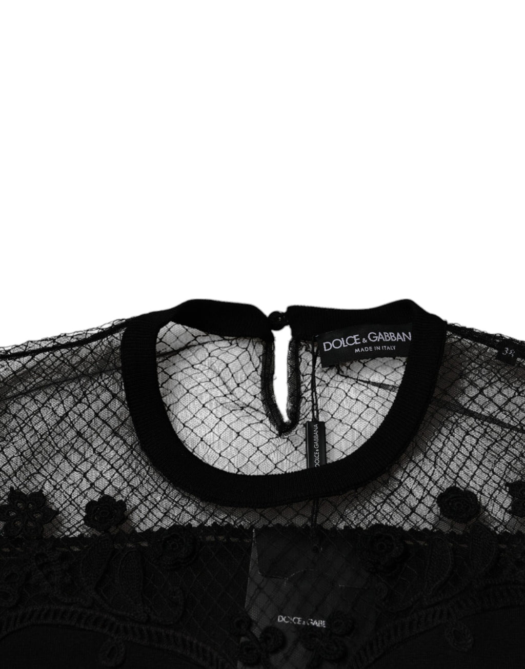 Blouse courte Dolce & Gabbana en dentelle florale noire à manches courtes, élégante et féminine.