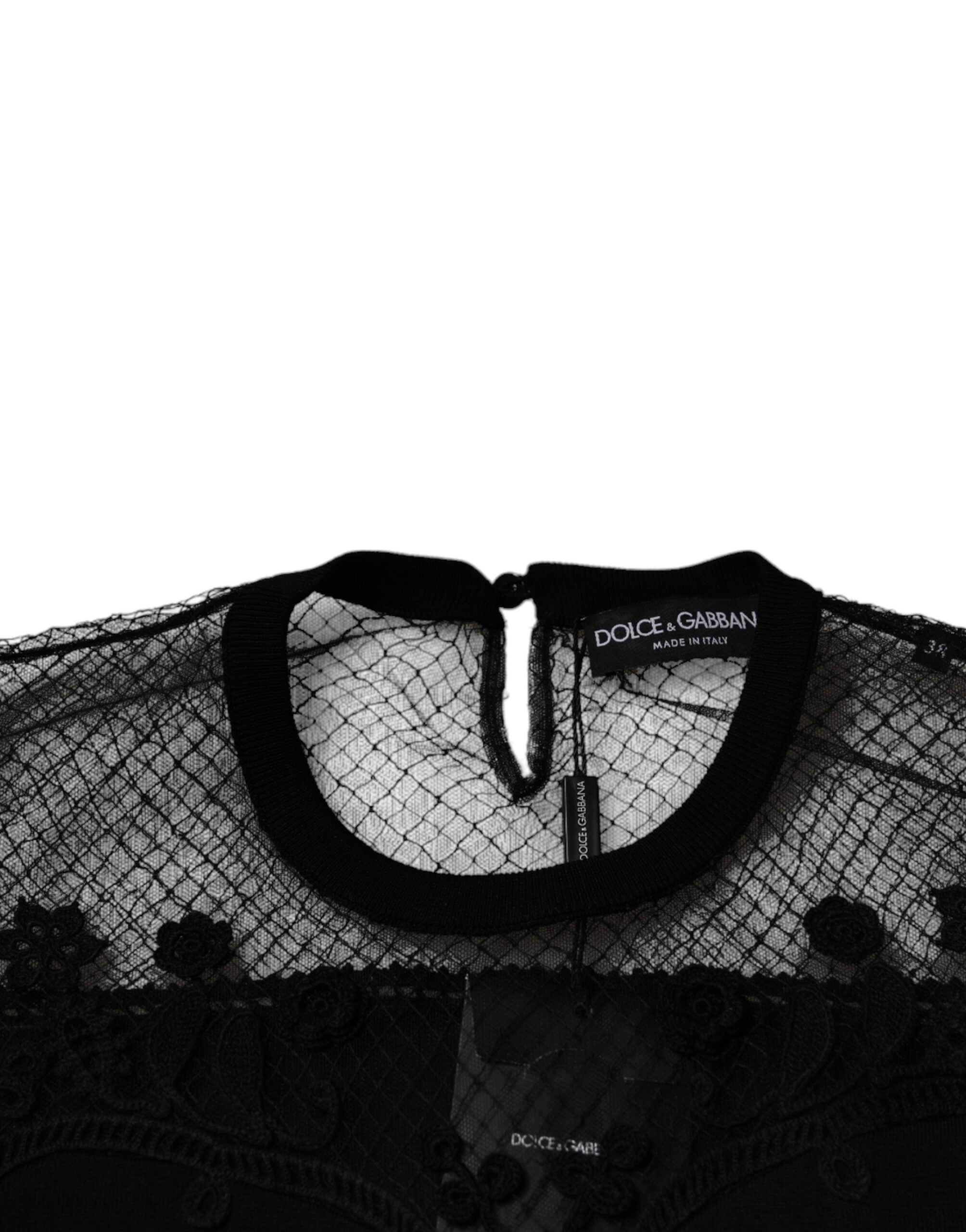Blouse courte Dolce & Gabbana en dentelle florale noire à manches courtes, élégante et féminine.