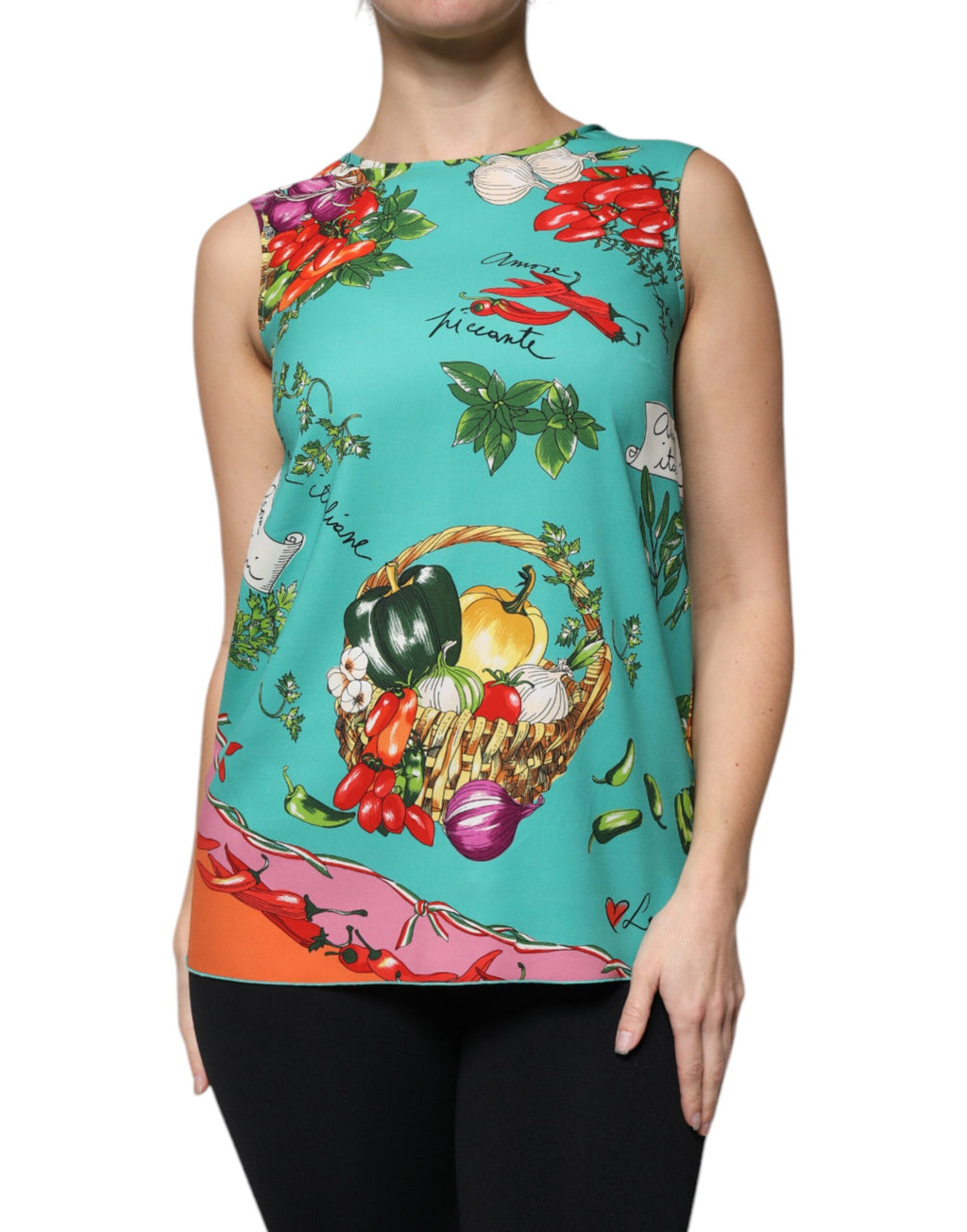 T-shirt sans manches Dolce & Gabbana avec motif multicolore de légumes, design élégant et coloré.