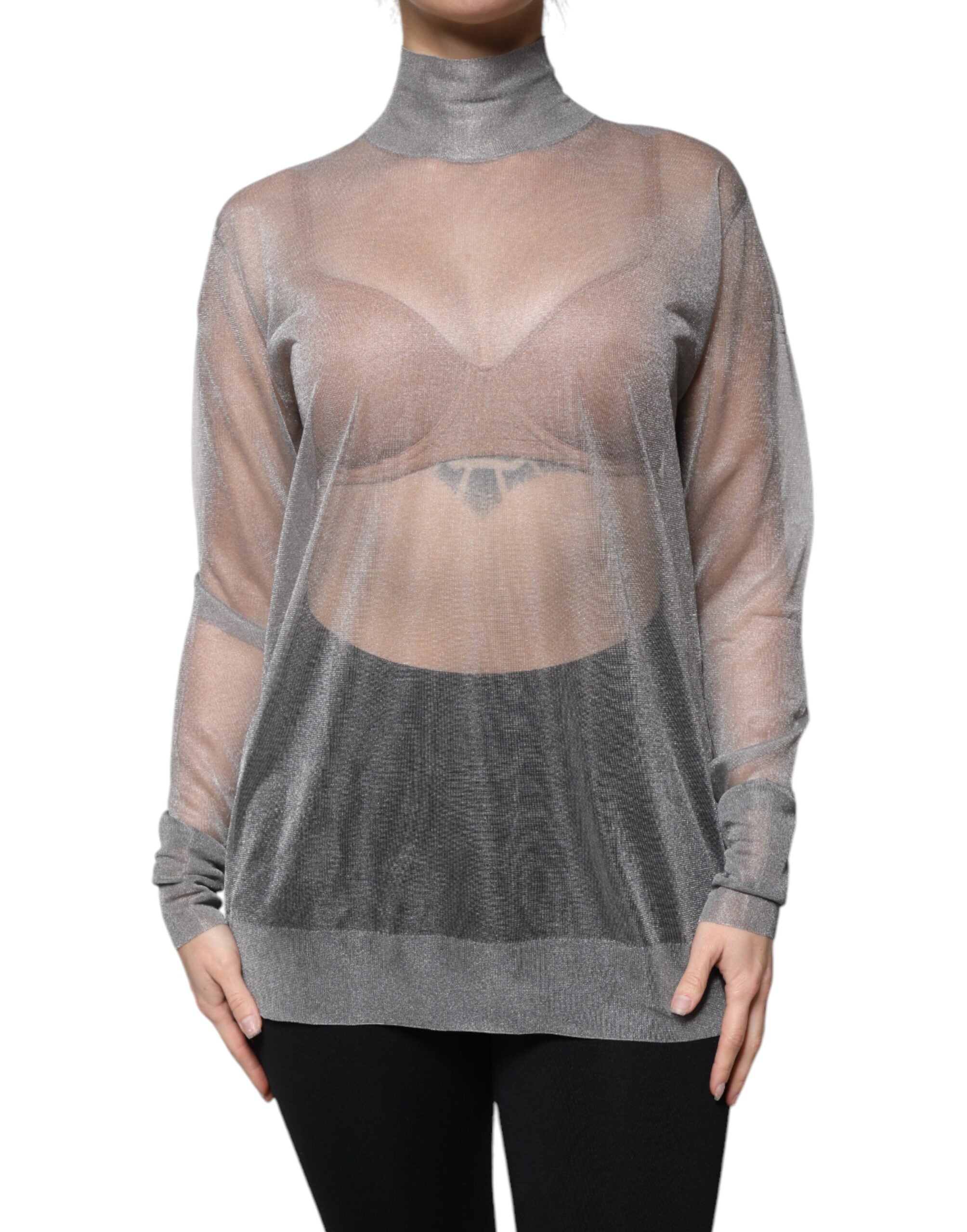 Chemise à manches longues en mesh gris Dolce & Gabbana avec col roulé, vue de face.