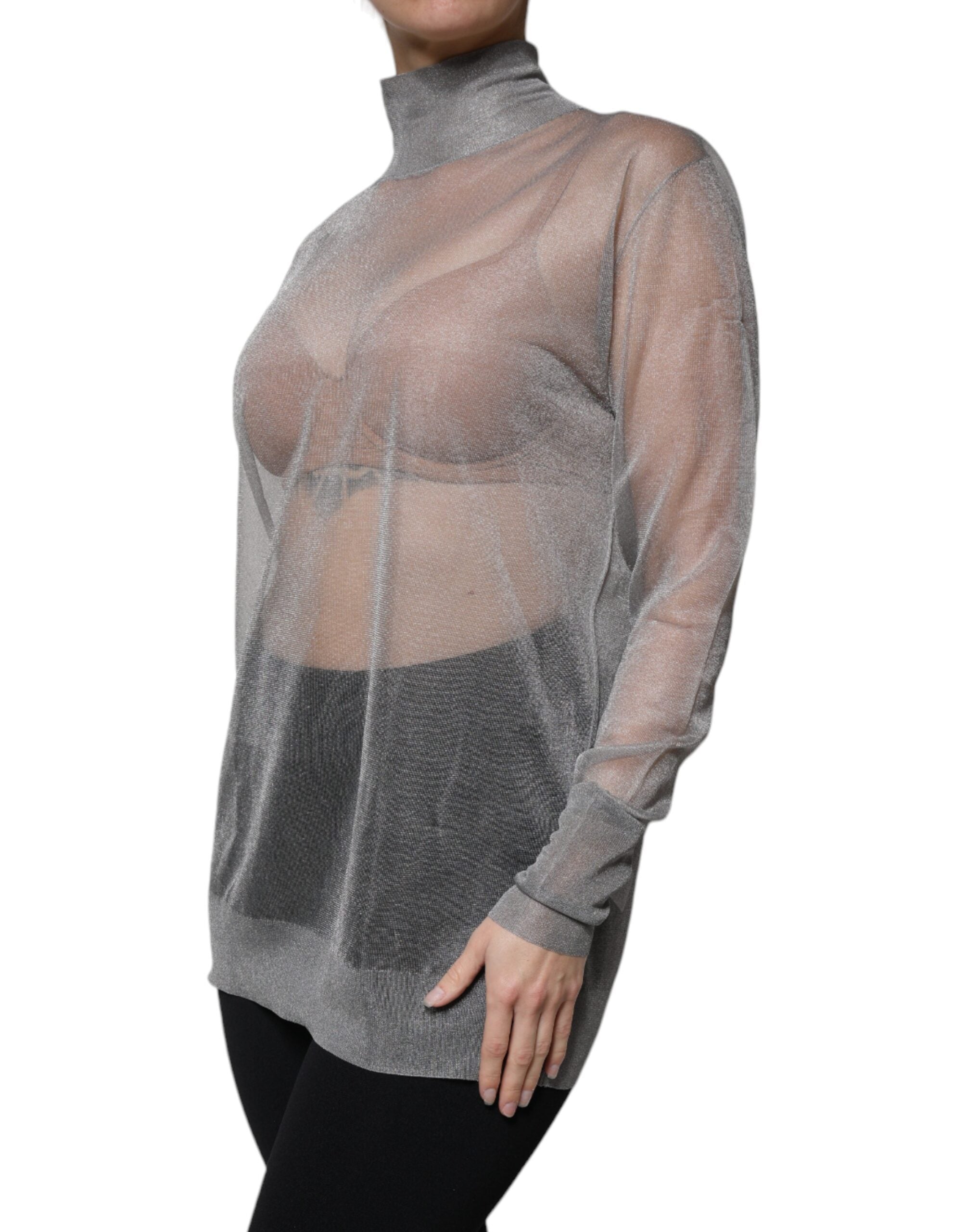 Blouse Dolce & Gabbana en maille grise à col roulé et manches longues, ajustée et élégante, vue de face.