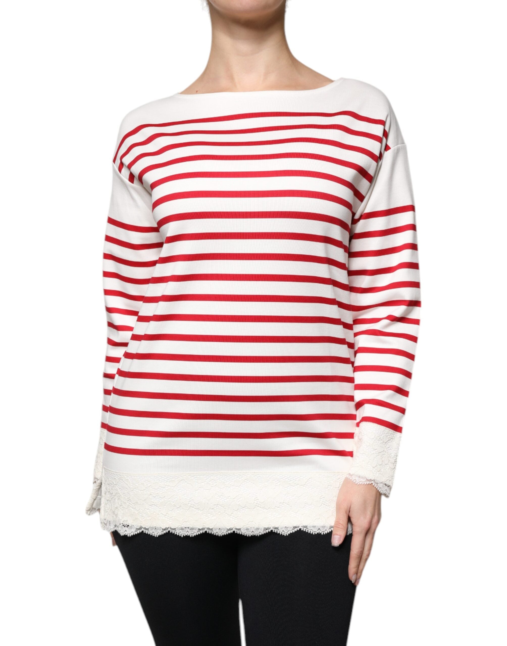 Haut à manches longues en coton blanc avec rayures rouges de Dolce & Gabbana, style élégant et moderne.