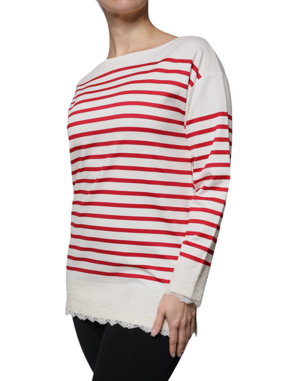Haut en coton à manches longues Dolce & Gabbana blanc avec rayures rouges, style élégant et confort moderne.