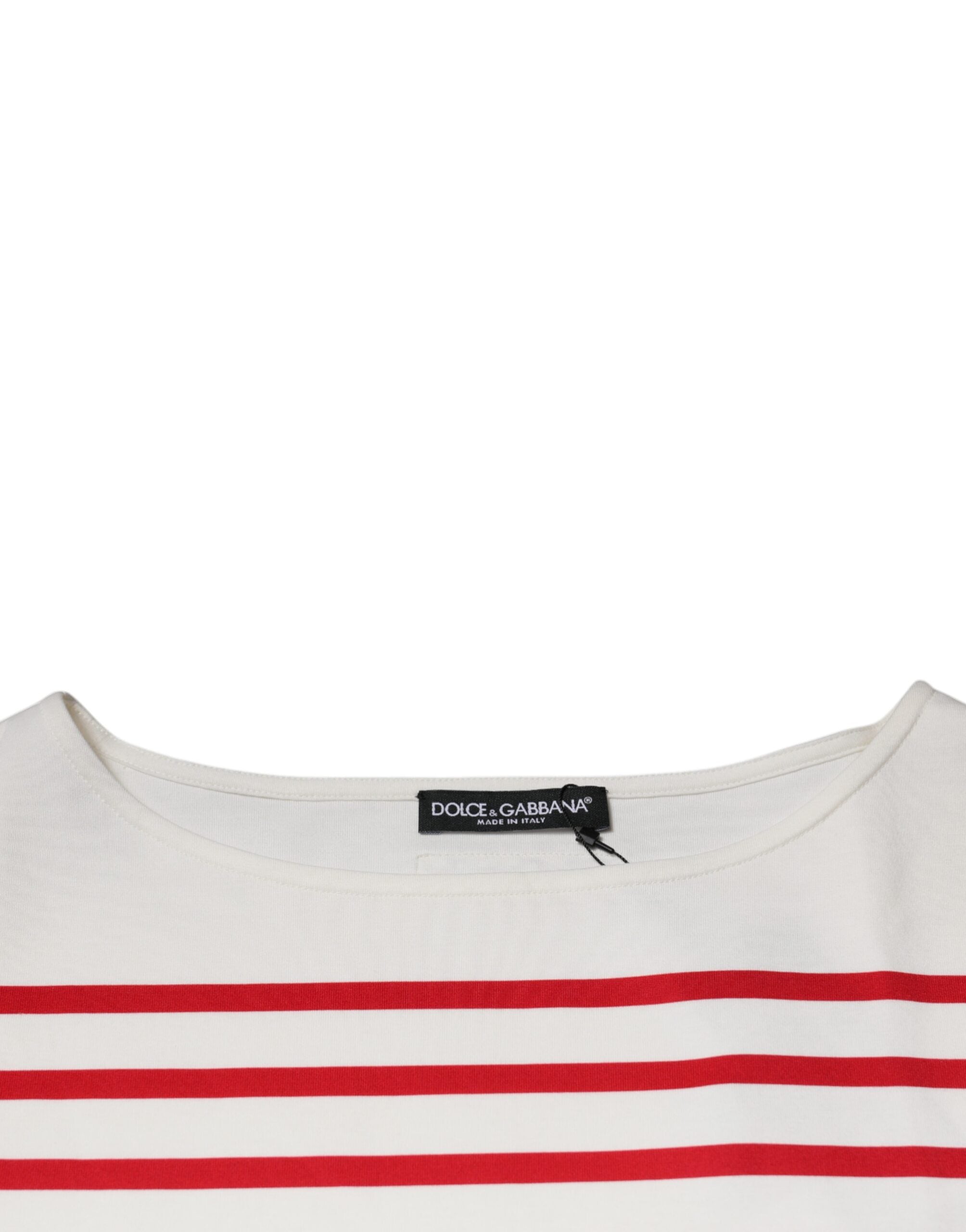Haut à manches longues en coton blanc avec rayures rouges de Dolce & Gabbana, détails élégants et style sophistiqué.