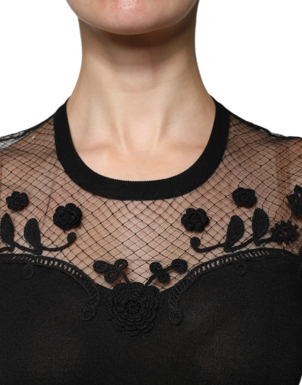 Chemise noire Dolce & Gabbana en dentelle florale à manches courtes, élégante et sophistiquée, vue de face.