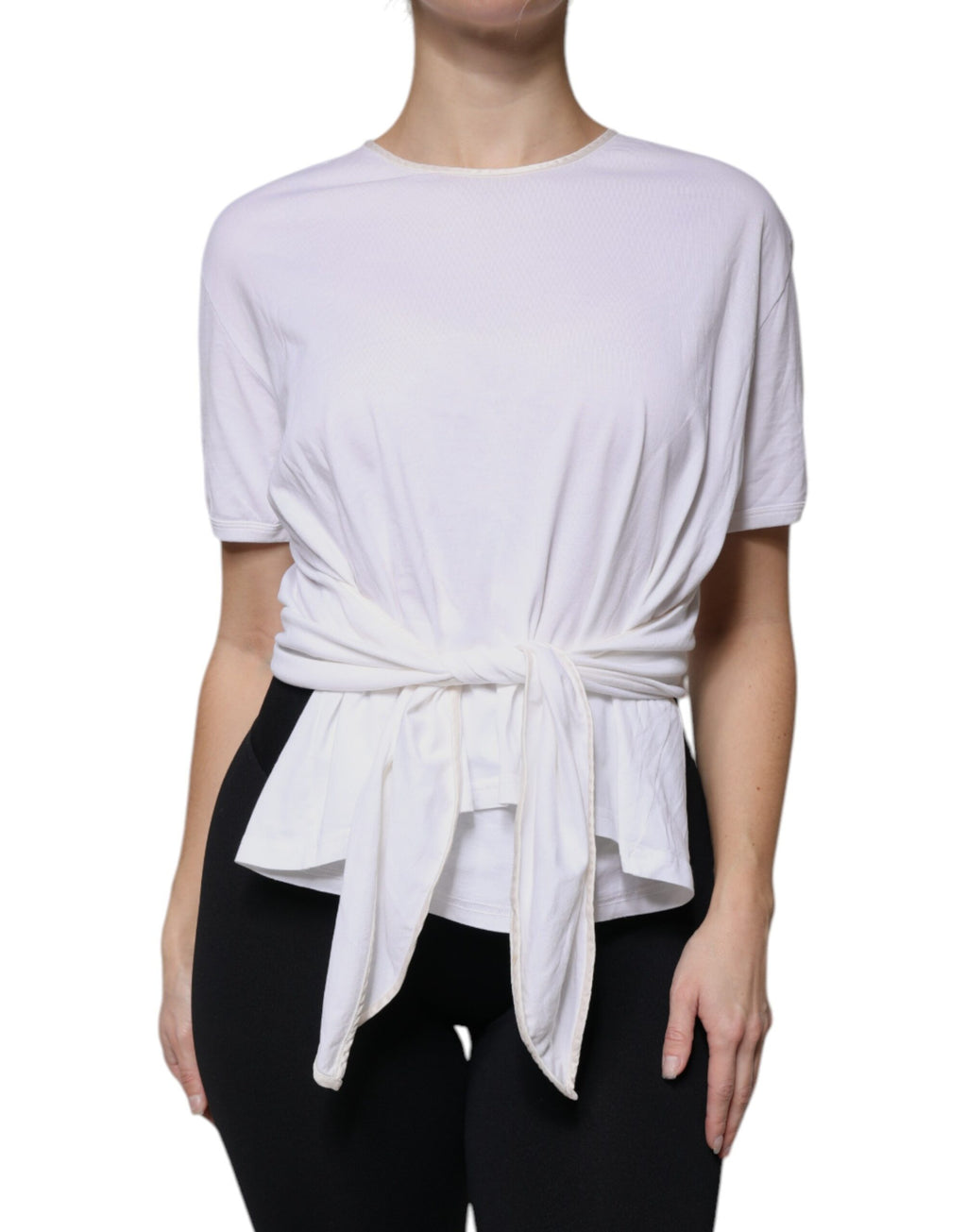 Blouse blanche en coton et soie Dolce & Gabbana à col rond et style wrap, vue de face.