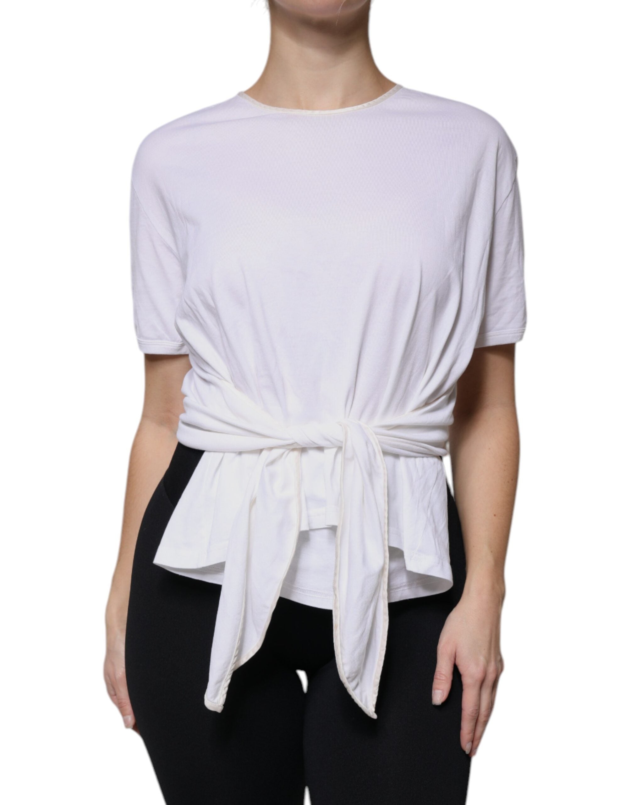 Blouse blanche en coton et soie Dolce & Gabbana à col rond et style wrap, vue de face.