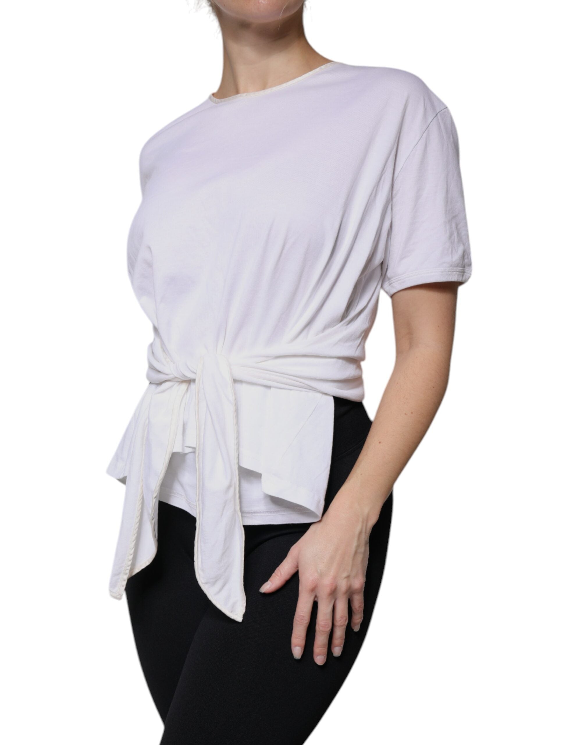 Blouse Dolce & Gabbana en coton et soie blanche avec col rond et style wrap, vue de face.