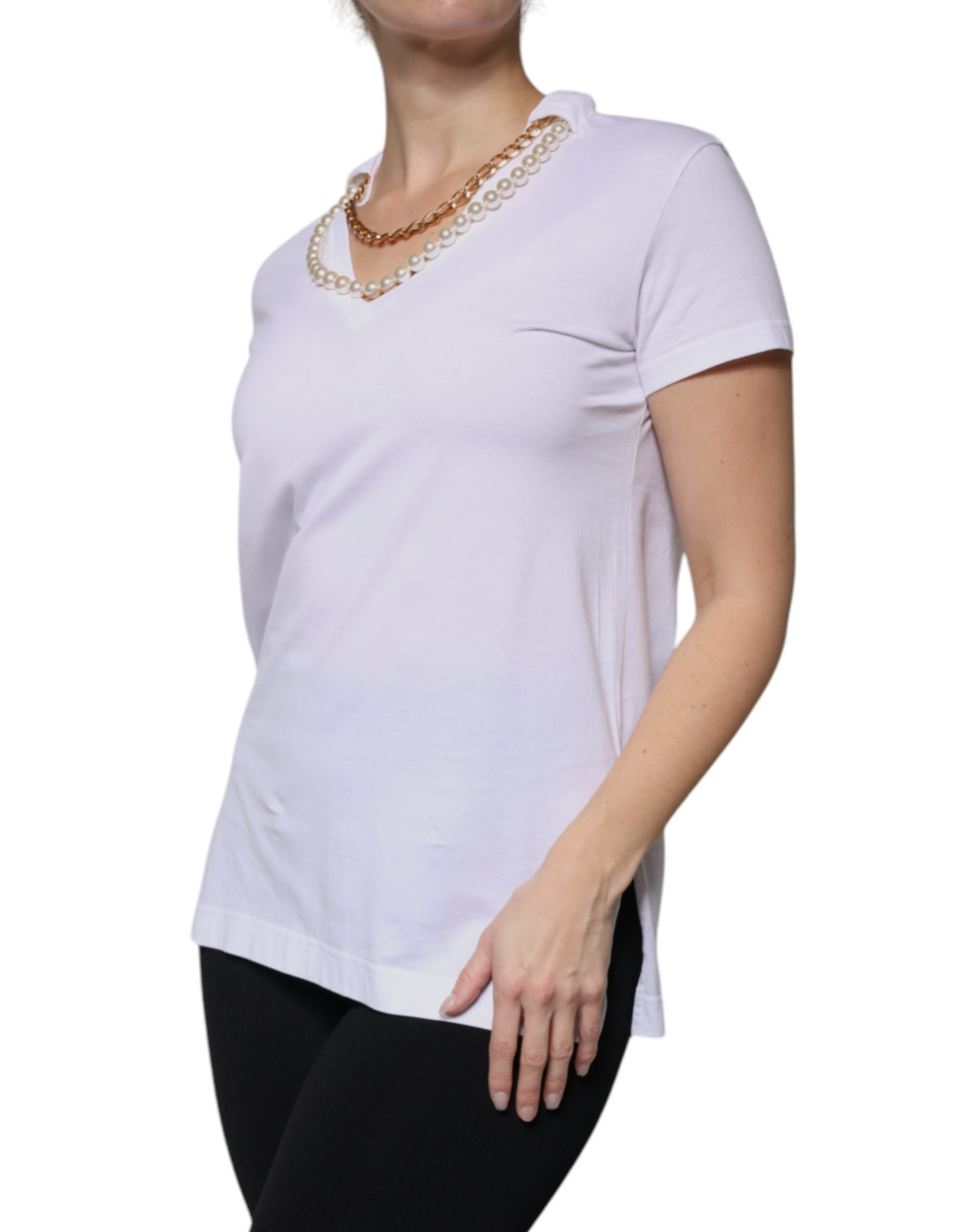 T-shirt Dolce & Gabbana en coton blanc avec chaîne col court et manches courtes, mode élégante et décontractée.