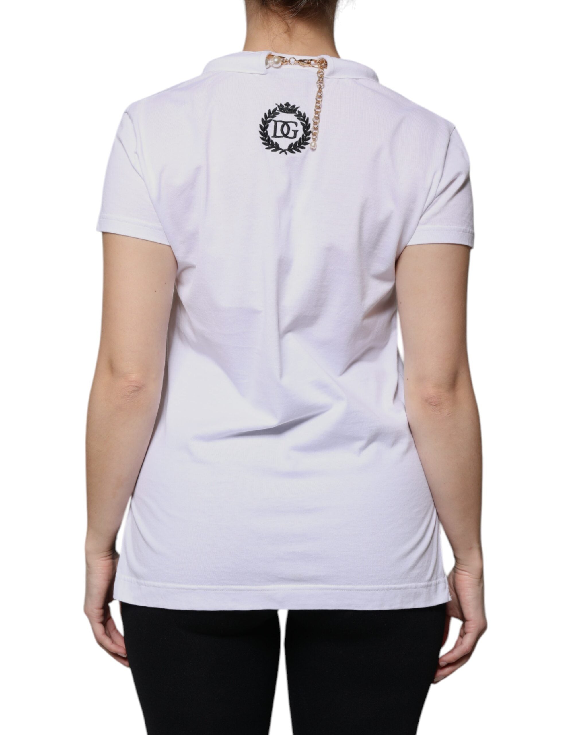 T-shirt Dolce & Gabbana en coton blanc avec chaîne de collier, manches courtes, style élégant et décontracté.