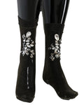 Dolce & Gabbana Schwarze Stretch-Socken mit Blumenmuster und klaren Kristallen