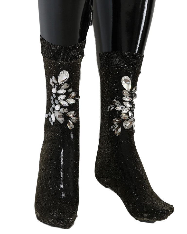 Dolce & Gabbana Schwarze Stretch-Socken mit Blumenmuster und klaren Kristallen