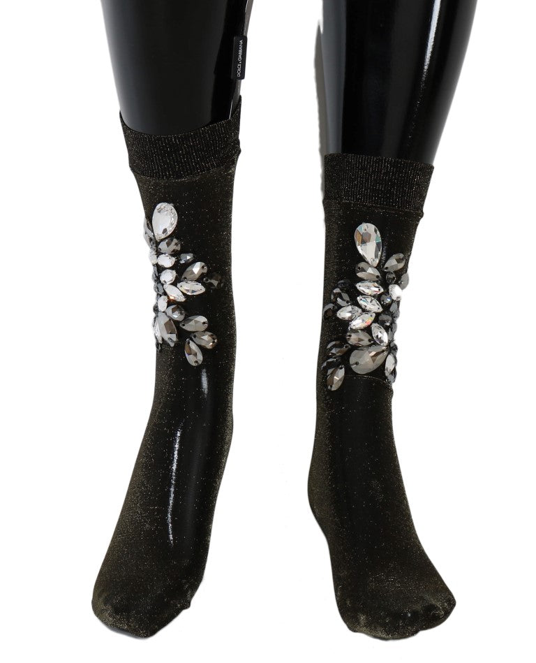 Dolce & Gabbana Schwarze Stretch-Socken mit Blumenmuster und klaren Kristallen