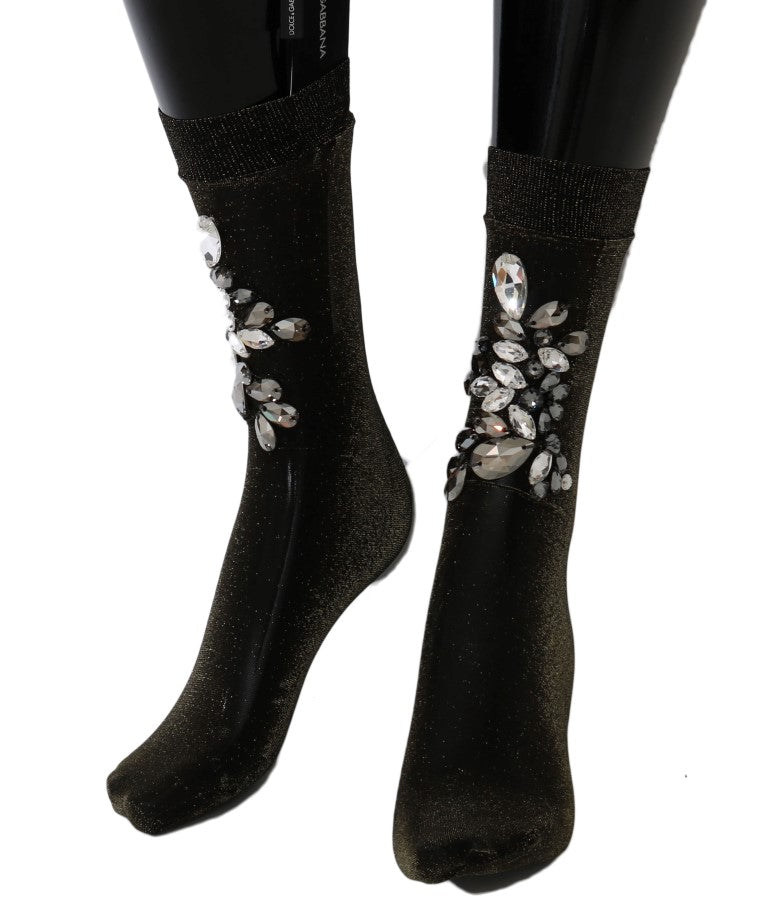 Dolce & Gabbana Schwarze Stretch-Socken mit Blumenmuster und klaren Kristallen