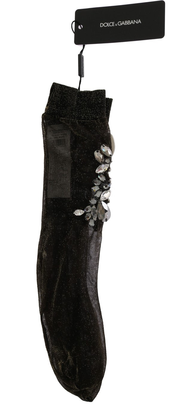 Dolce & Gabbana Schwarze Stretch-Socken mit Blumenmuster und klaren Kristallen