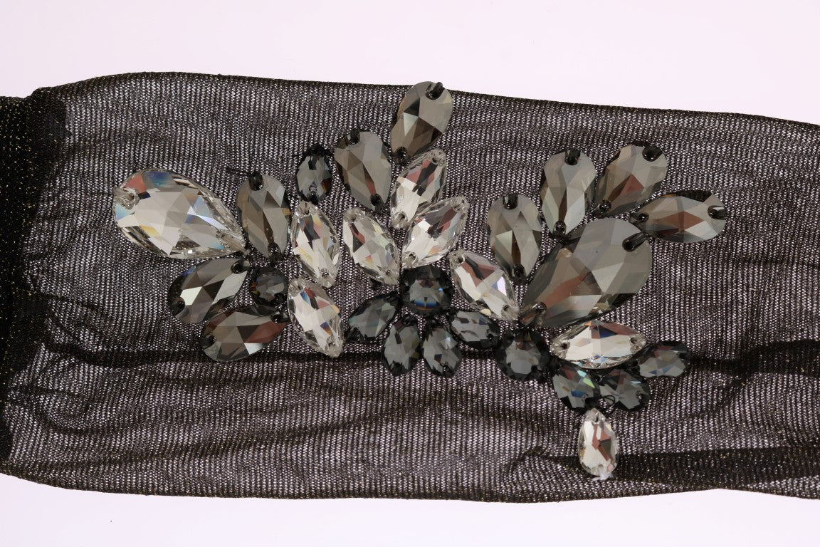 Dolce & Gabbana Schwarze Stretch-Socken mit Blumenmuster und klaren Kristallen