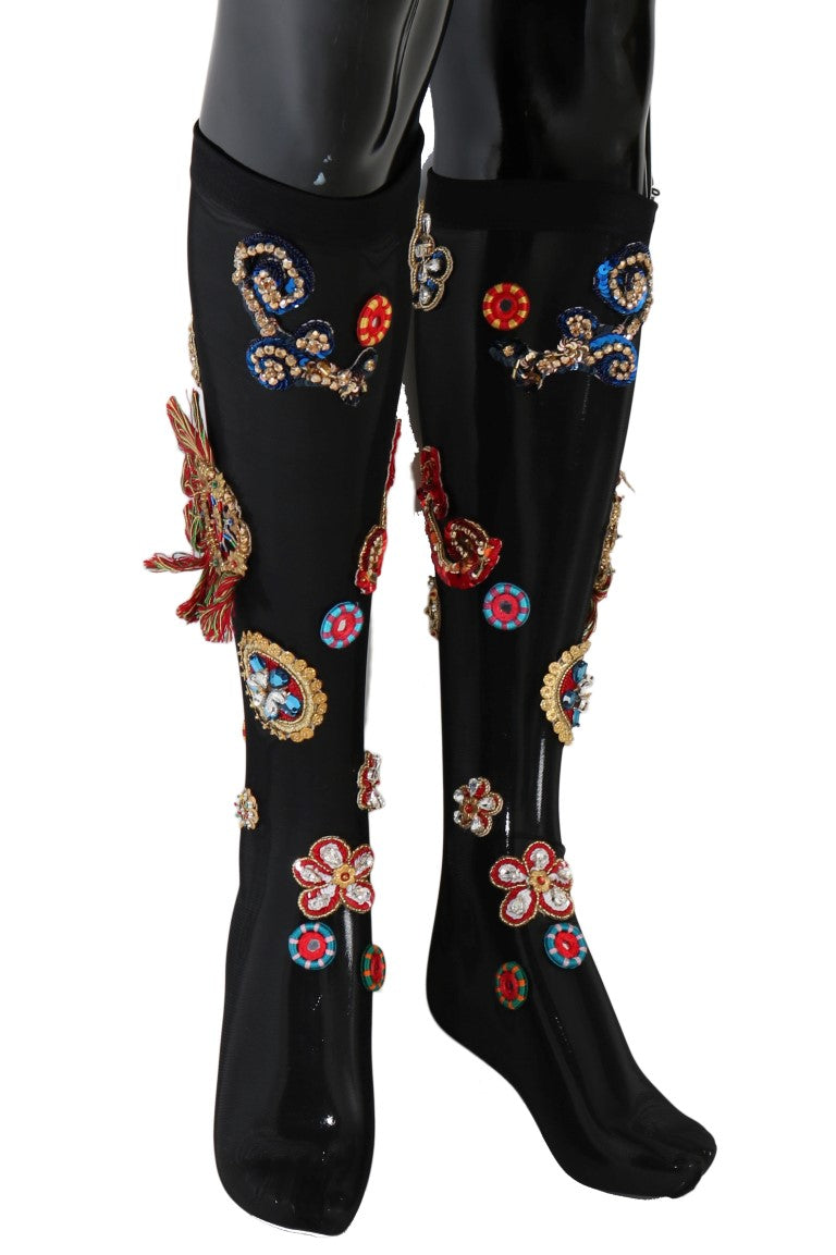 Dolce & Gabbana Schwarze Stretch Carretto Kristall-Socken
