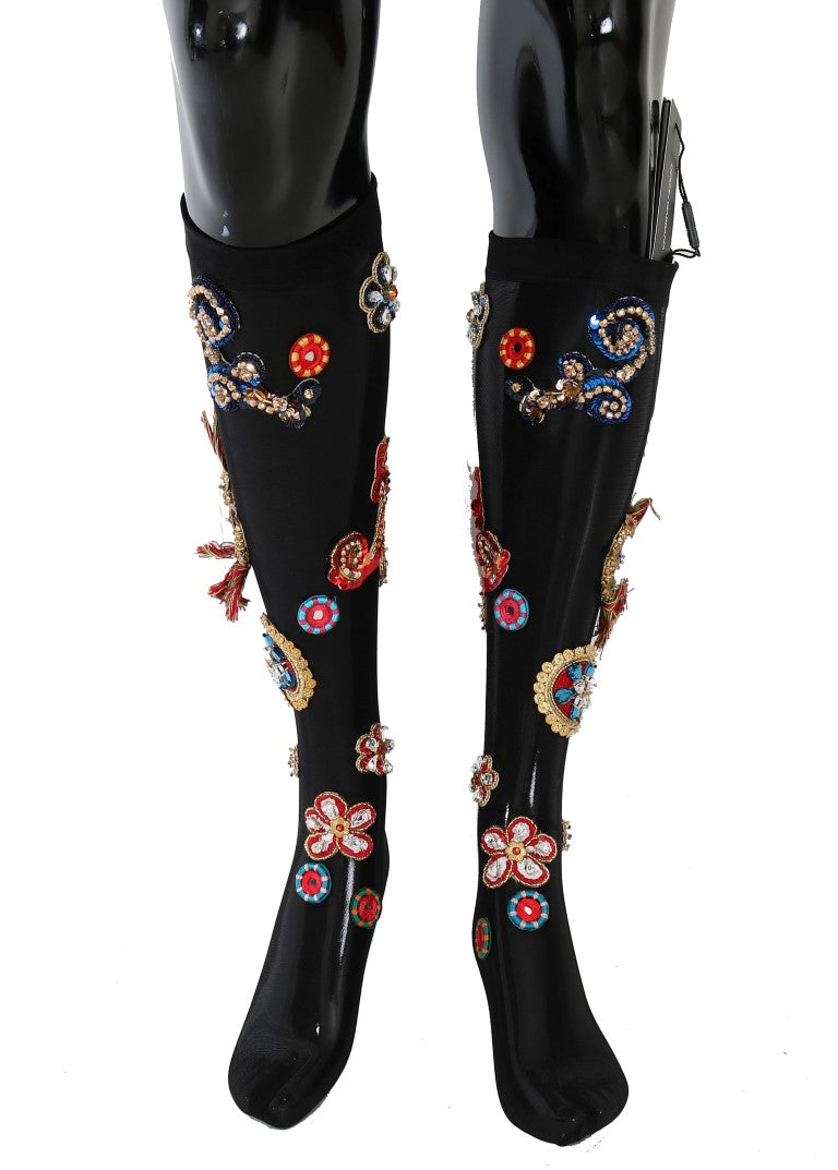 Dolce & Gabbana Schwarze Stretch Carretto Kristall-Socken