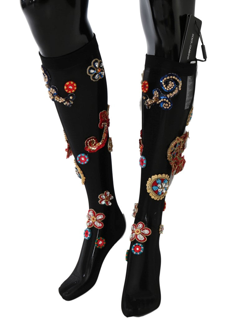 Dolce & Gabbana Schwarze Stretch Carretto Kristall-Socken