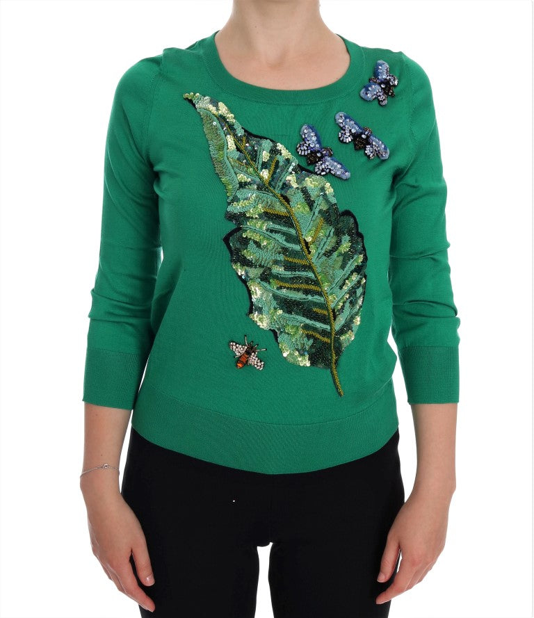Dolce & Gabbana grüner Seidenpullover mit Bananenmotiv und Kristallen