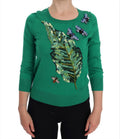 Dolce & Gabbana grüner Seidenpullover mit Bananenmotiv und Kristallen